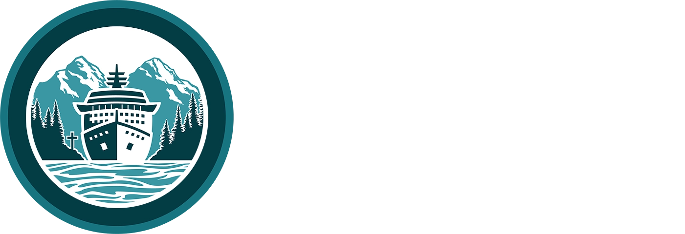 Logo for the Port of Ward Cove. A cruise ship at the entrance of the cove with trees on either side, a cross on the shore to the left, and mountains behind.