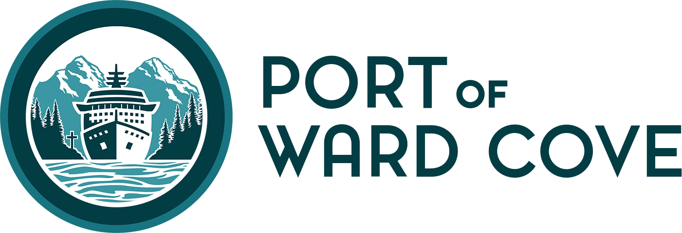 Logo for the Port of Ward Cove. A cruise ship at the entrance of the cove with trees on either side, a cross on the shore to the left, and moutains behind.