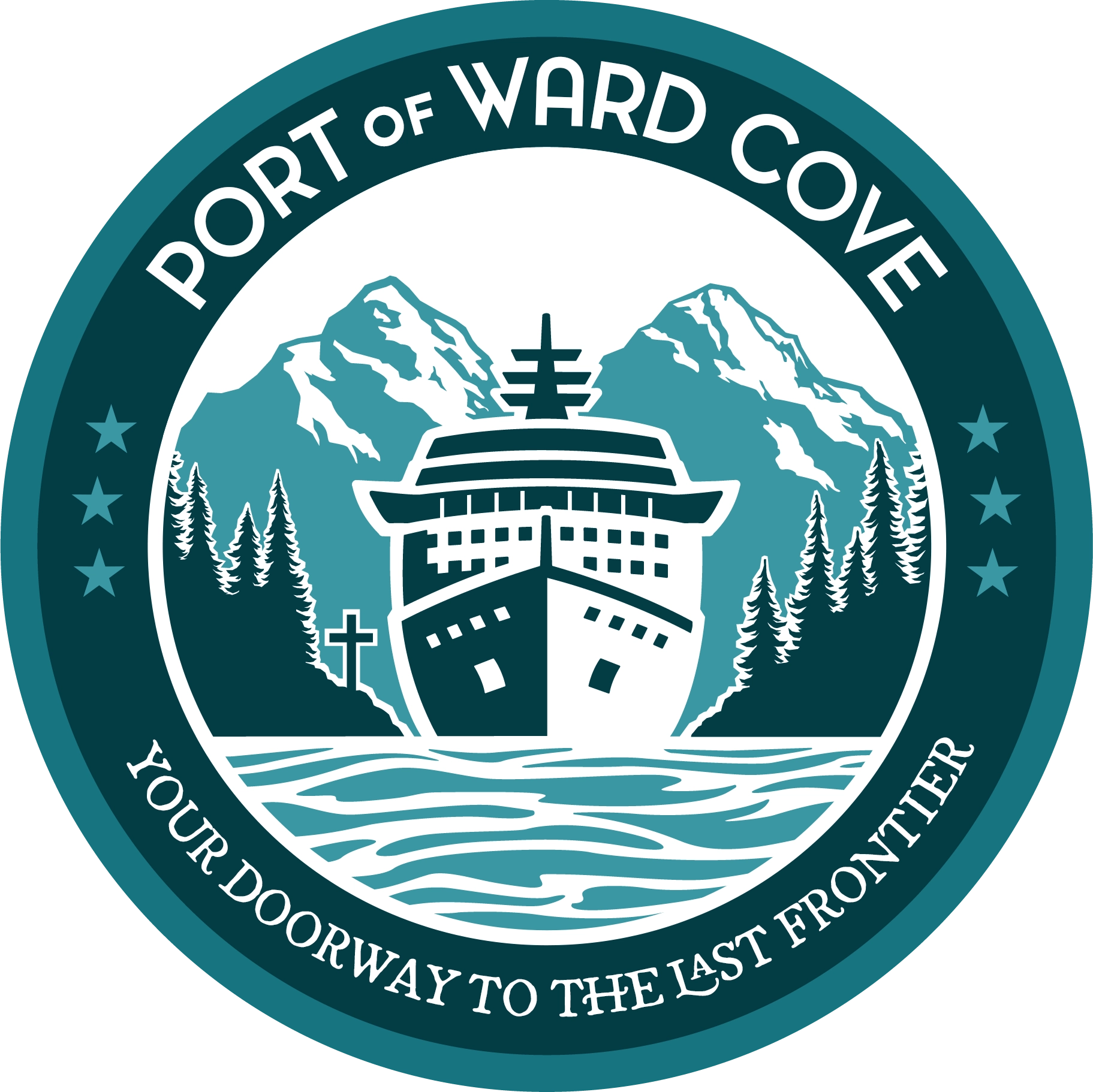 Logo for the Port of Ward Cove. A cruise ship at the entrance of the cove with trees on either side, a cross on the shore to the left, and mountains behind.