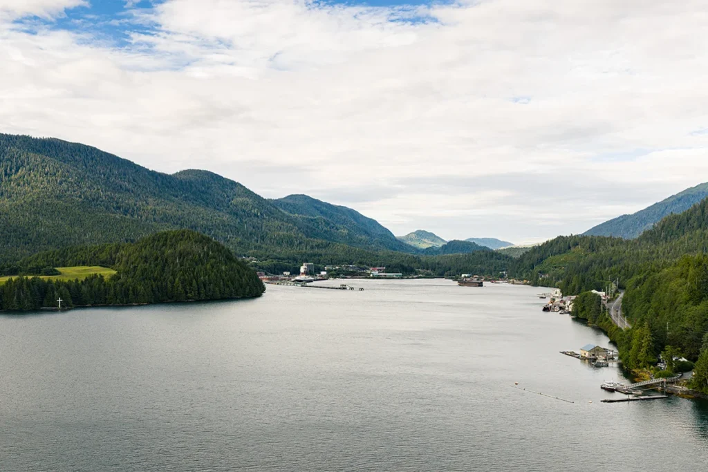A wide inlet surrounded by forested mountains and calm water, with a small coastal settlement and docks in the distance.