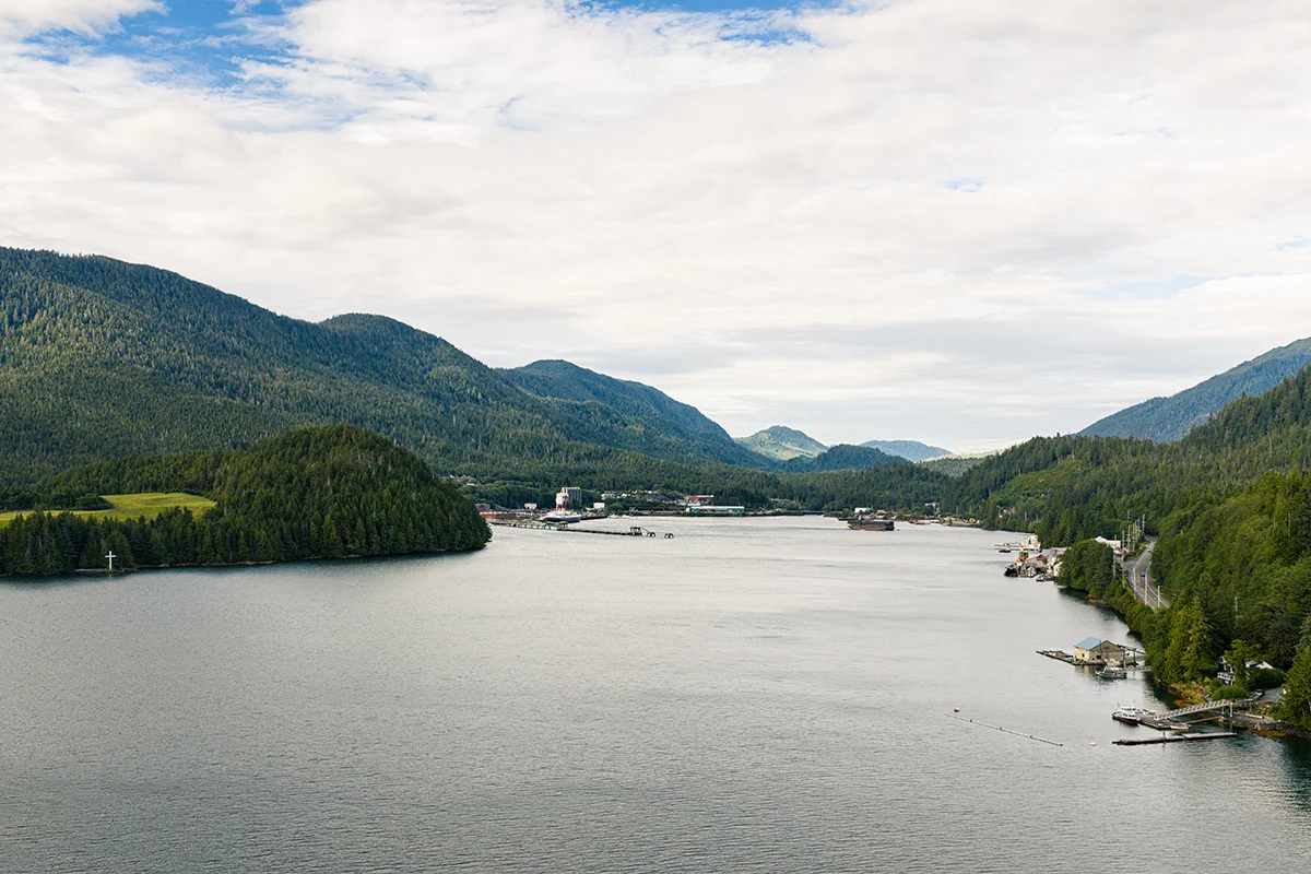 A wide inlet surrounded by forested mountains and calm water, with a small coastal settlement and docks in the distance.