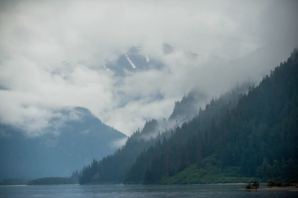 Fog and rain covering forested mountains beside a body of water.