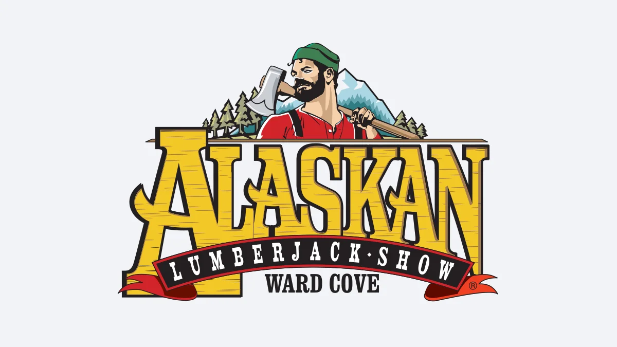 Brand logo for Alaska Lumberjack Show at Ward Cove featuring a lumberjack with an axe above bold yellow lettering and a curved red ribbon banner behind the text