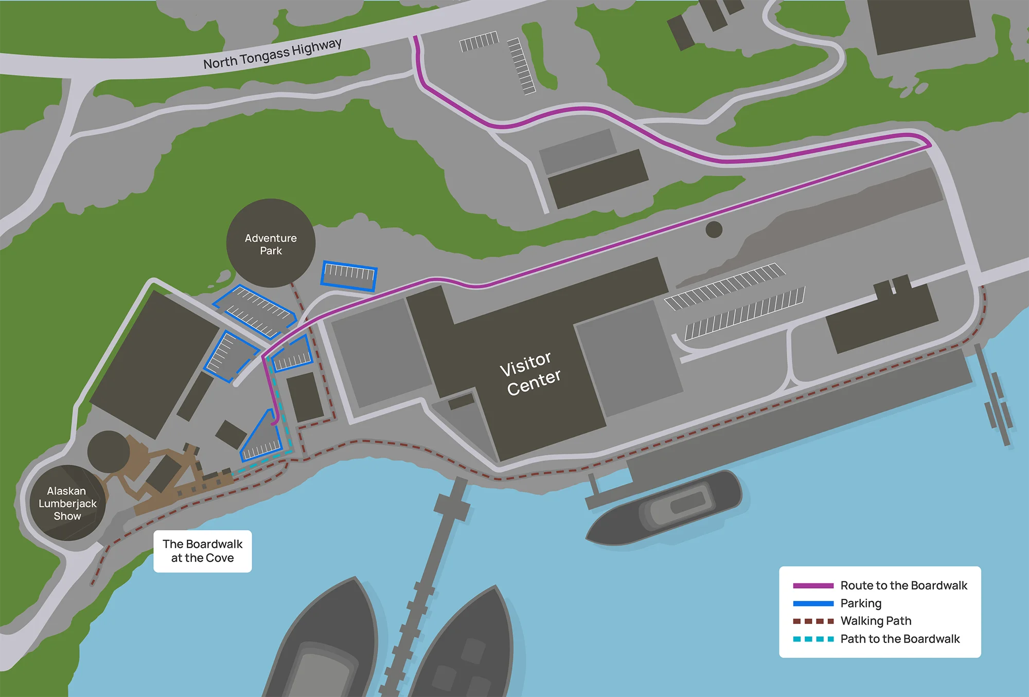Map showing the waterfront area with the Visitor Center, Adventure Park, parking areas, walking paths, and a purple route to the boardwalk in blue-green surroundings.