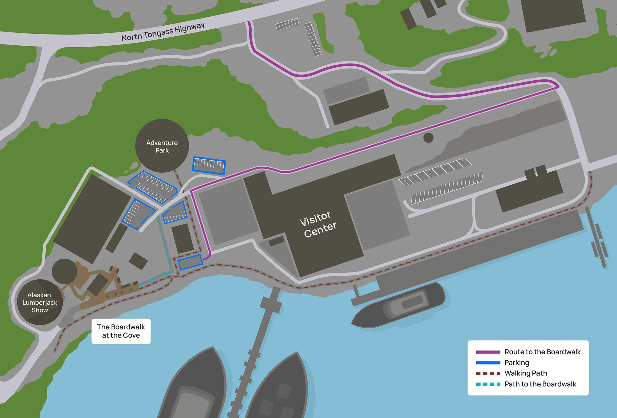 Map of parking and walking routes to the Boardwalk at Ward Cove from North Tongass Highway.