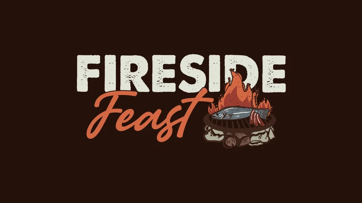 Fireside Feast logo with a campfire and a grilled fish beside the text