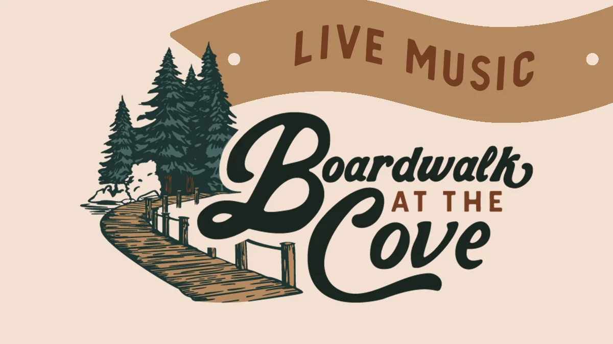 Promotional poster for 'Boardwalk at the Cove' with a curved 'Live Music' banner, a wooden boardwalk and pine trees to the left.