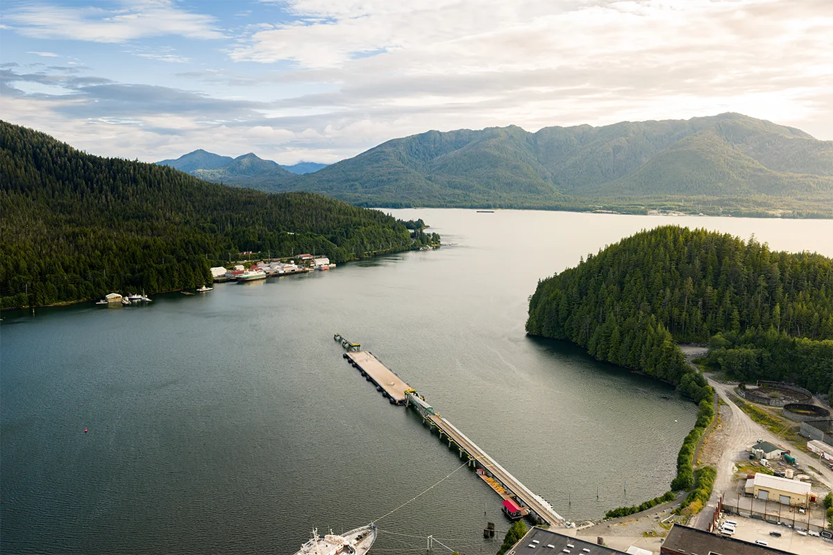 Aerial view of a lake with a long pier extending from the shore, surrounded by forested hills and distant mountains.